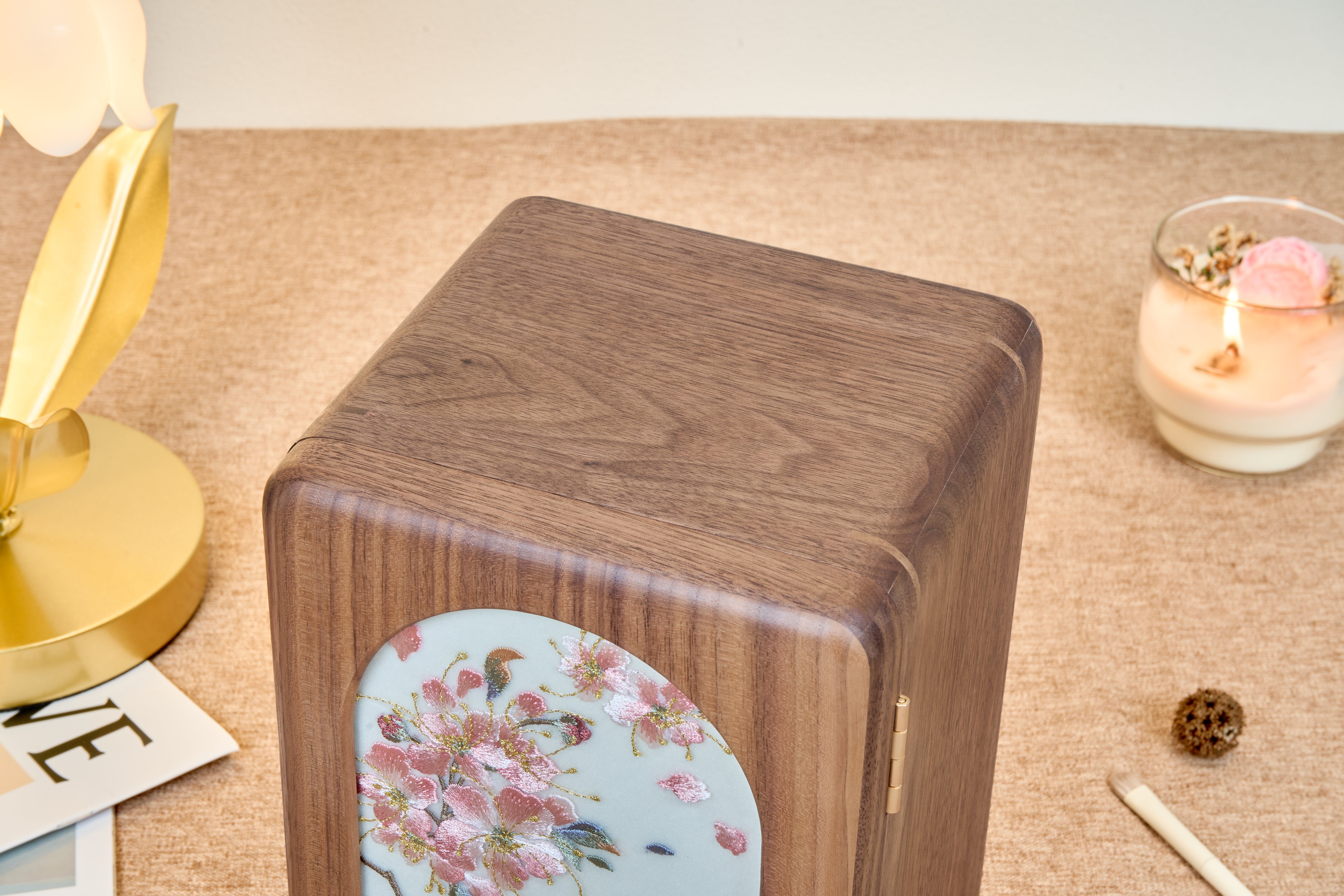 Floral Walnut Jewelry Cabinet with 5 Drawers & Necklace Hooks