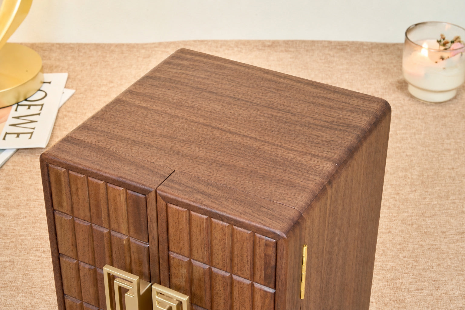 Geometric Walnut Jewelry Cabinet with 5 Drawers & Double Doors