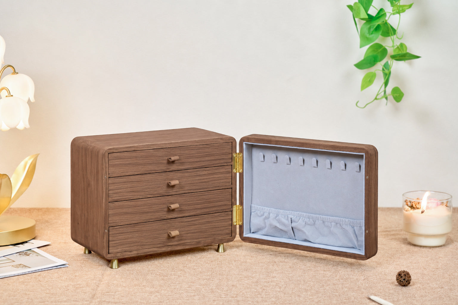 Personalized Walnut Jewelry Cabinet with 4 Drawers & Hooks 2