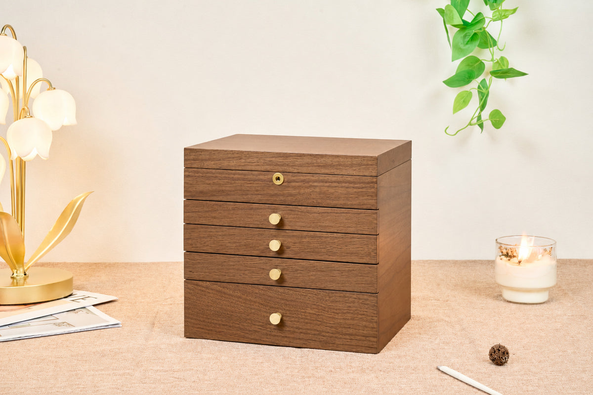 Lockable Walnut Jewelry Box with 4 Drawers & Necklace Hooks 2