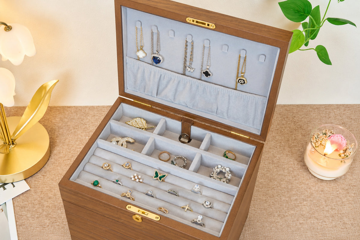 Lockable Walnut Jewelry Box with 4 Drawers & Necklace Hooks 8