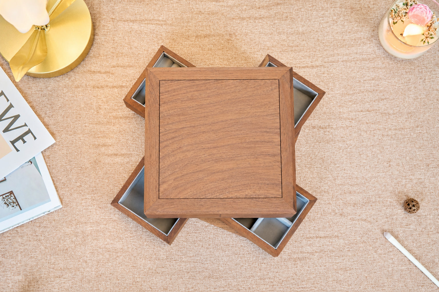 4-Drawer Walnut Jewelry Box with Ring, Watch & Earring Trays 14