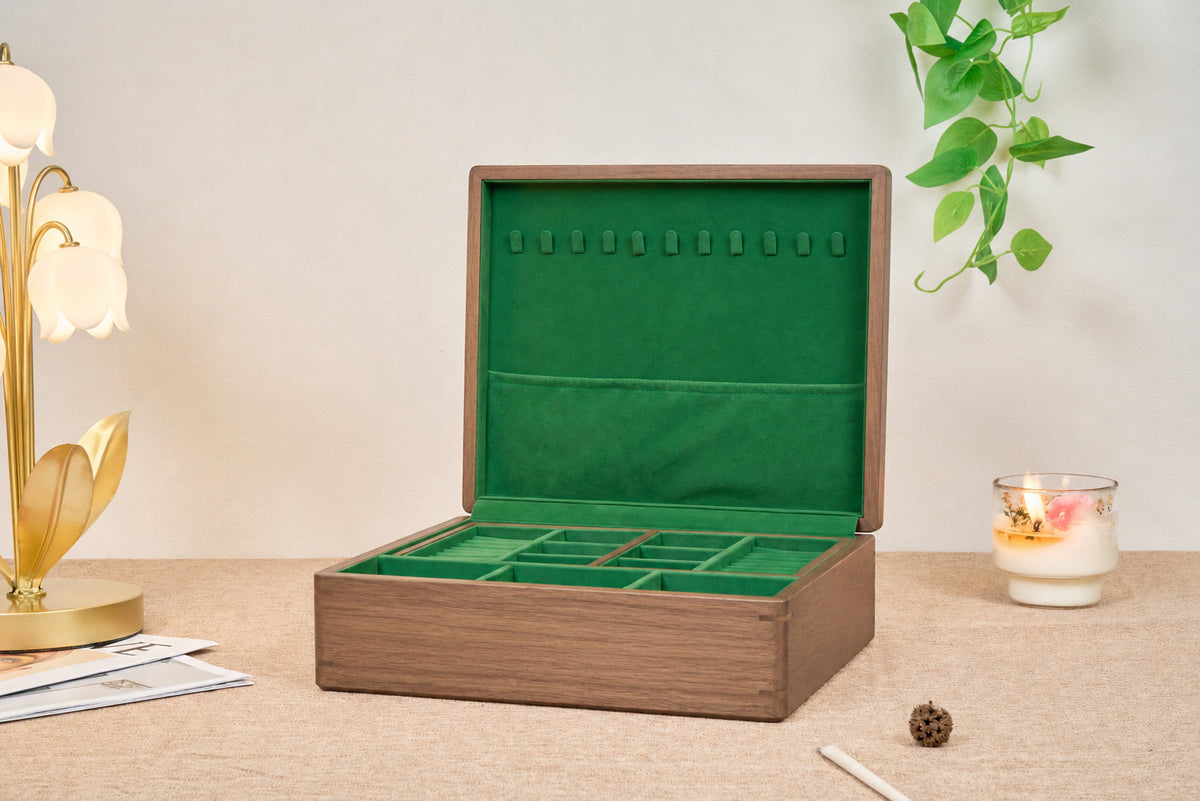 Walnut Jewelry Box with Green Lining, Necklace Hooks & Ring Tray 2