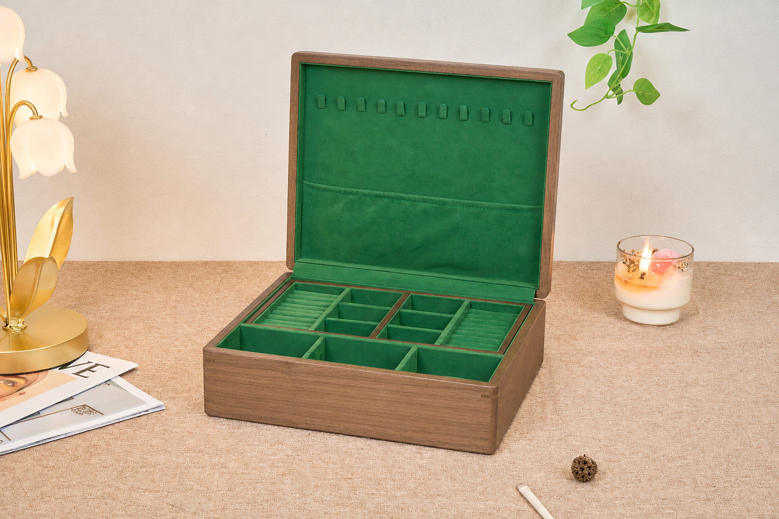 Walnut Jewelry Box with Green Lining, Necklace Hooks & Ring Tray 3