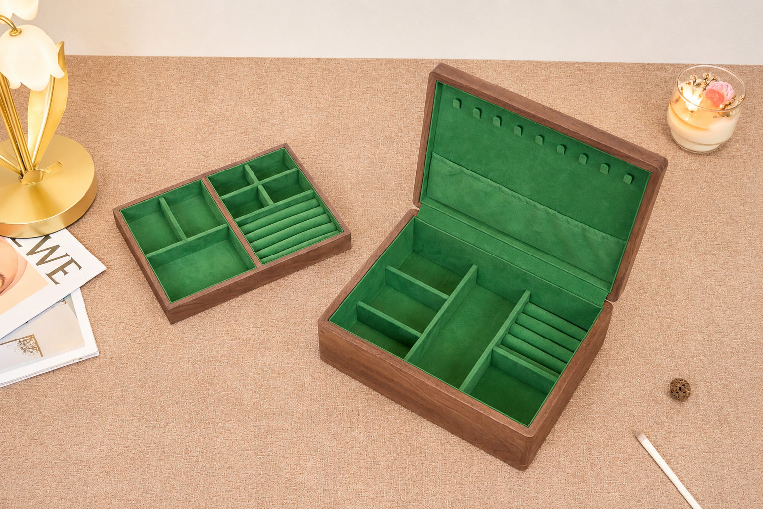 Walnut Jewelry Box with Green Lining, Necklace Hooks & Ring Tray 11
