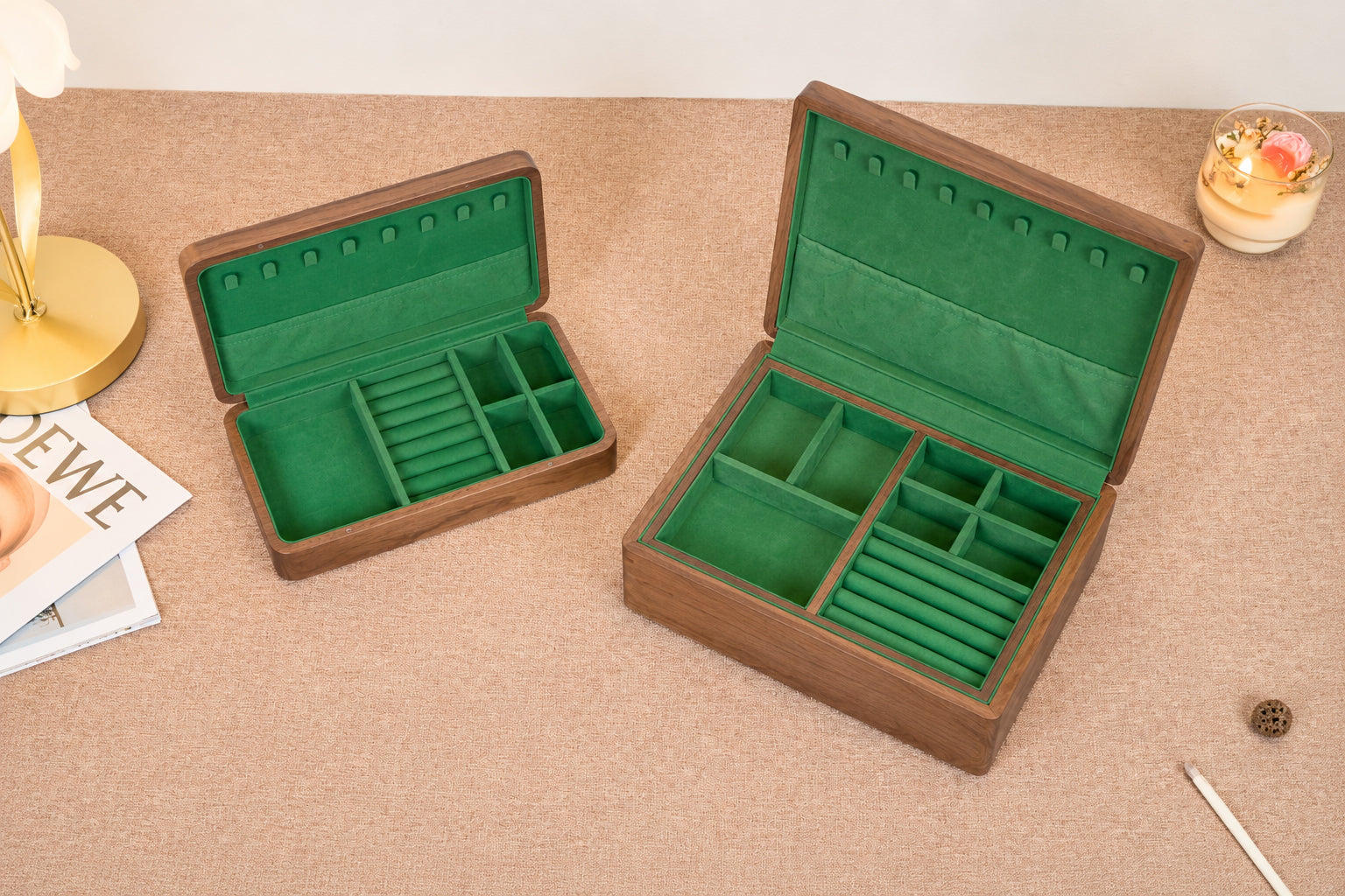 Walnut Jewelry Box with Green Lining, Necklace Hooks & Ring Tray 12