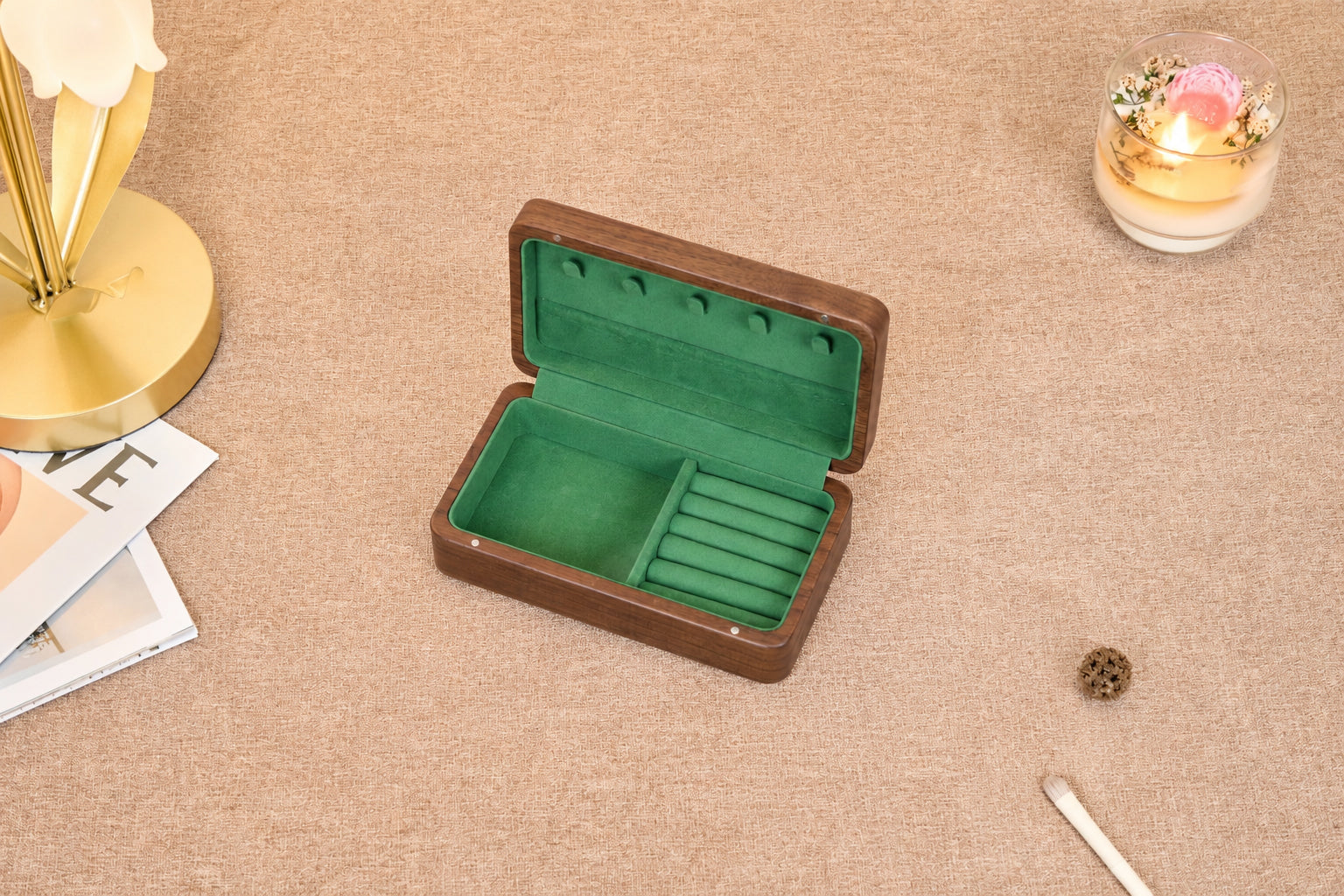Walnut Jewelry Box with Green Lining, Necklace Hooks & Ring Tray 16