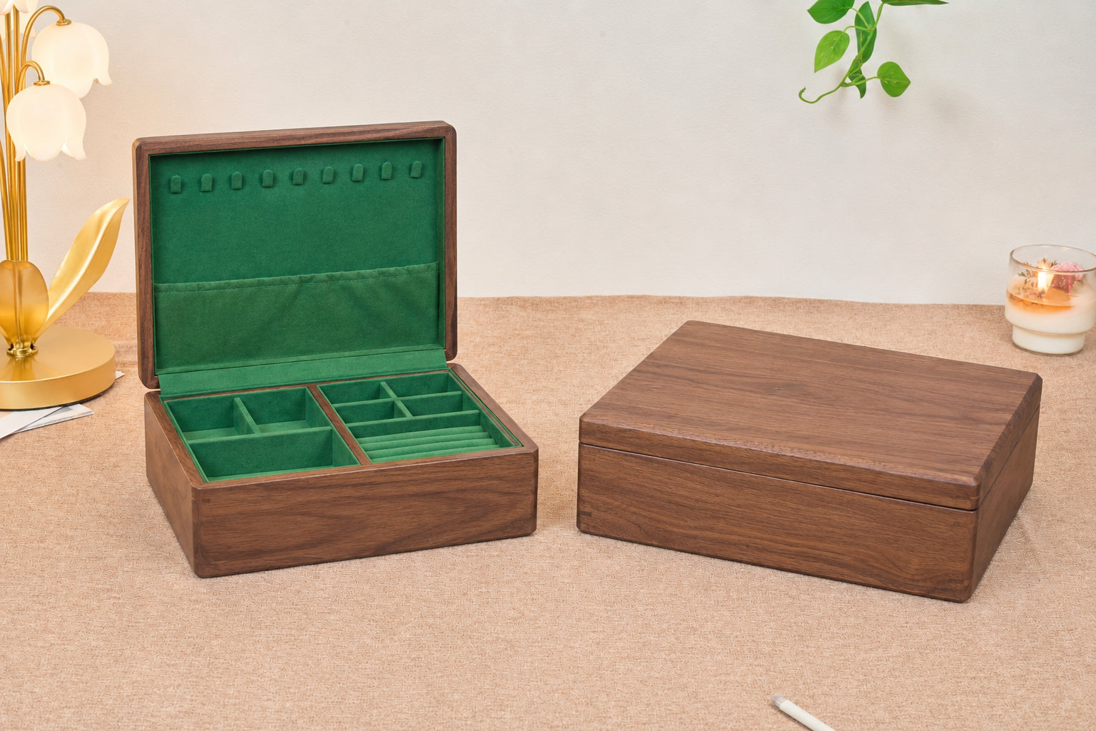 Walnut Jewelry Box with Green Lining, Necklace Hooks & Ring Tray 19
