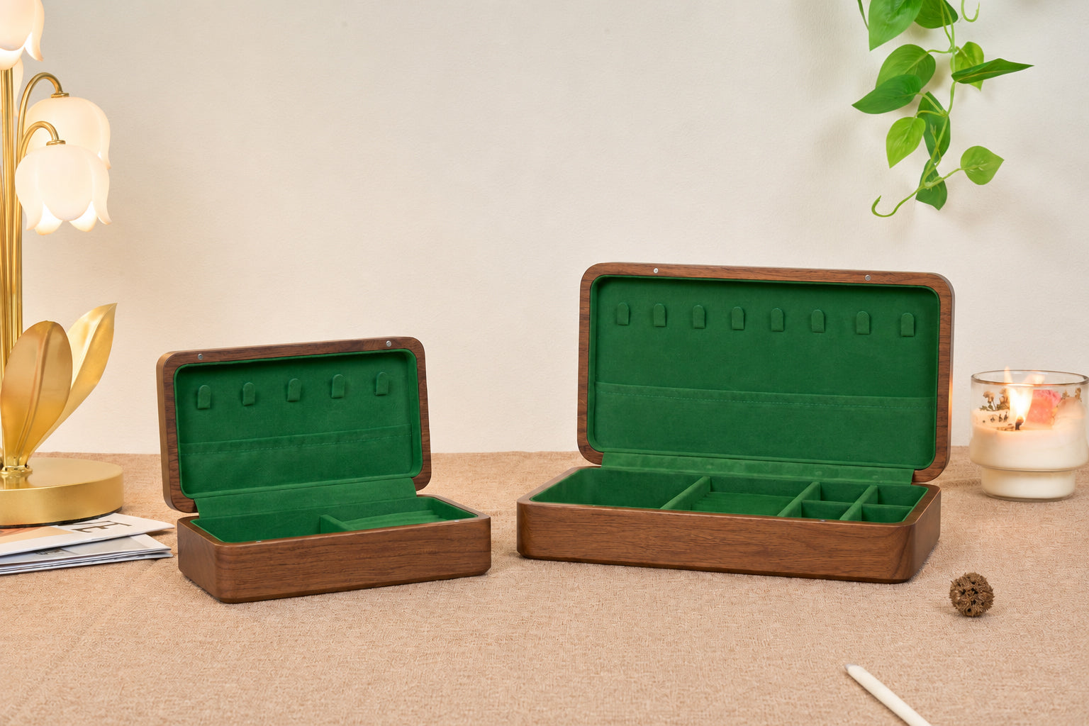 Walnut Jewelry Box with Green Lining, Necklace Hooks & Ring Tray 22