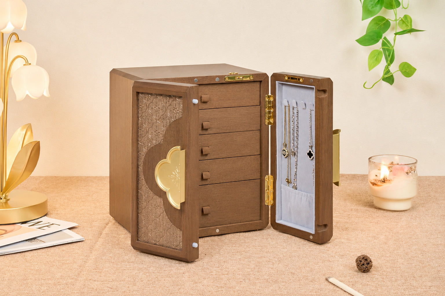 Lockable Walnut Jewelry Cabinet with Double Doors & 5 Drawers 5