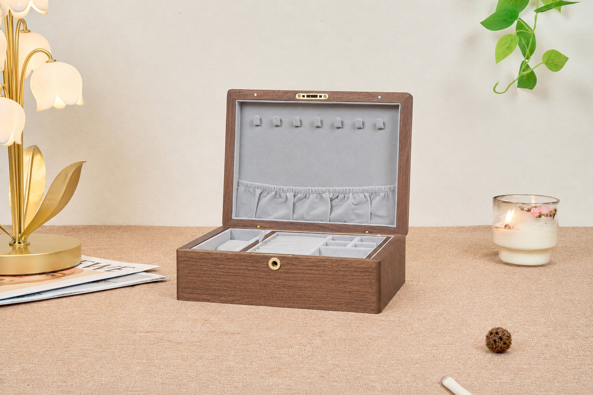 Lockable Walnut Jewelry Box with Necklace Hooks & Ring Storage 2