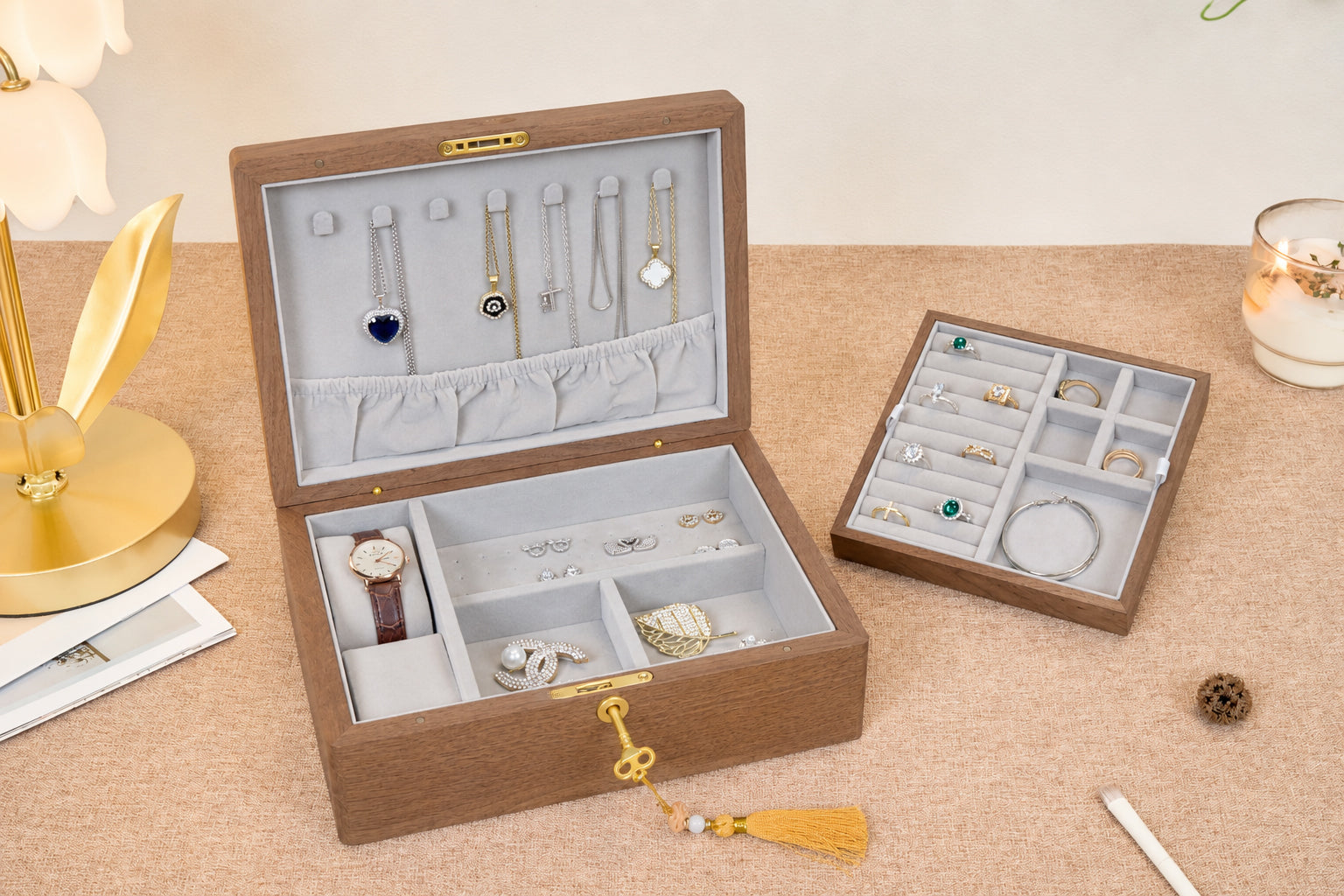 Lockable Walnut Jewelry Box with Necklace Hooks & Ring Storage 10