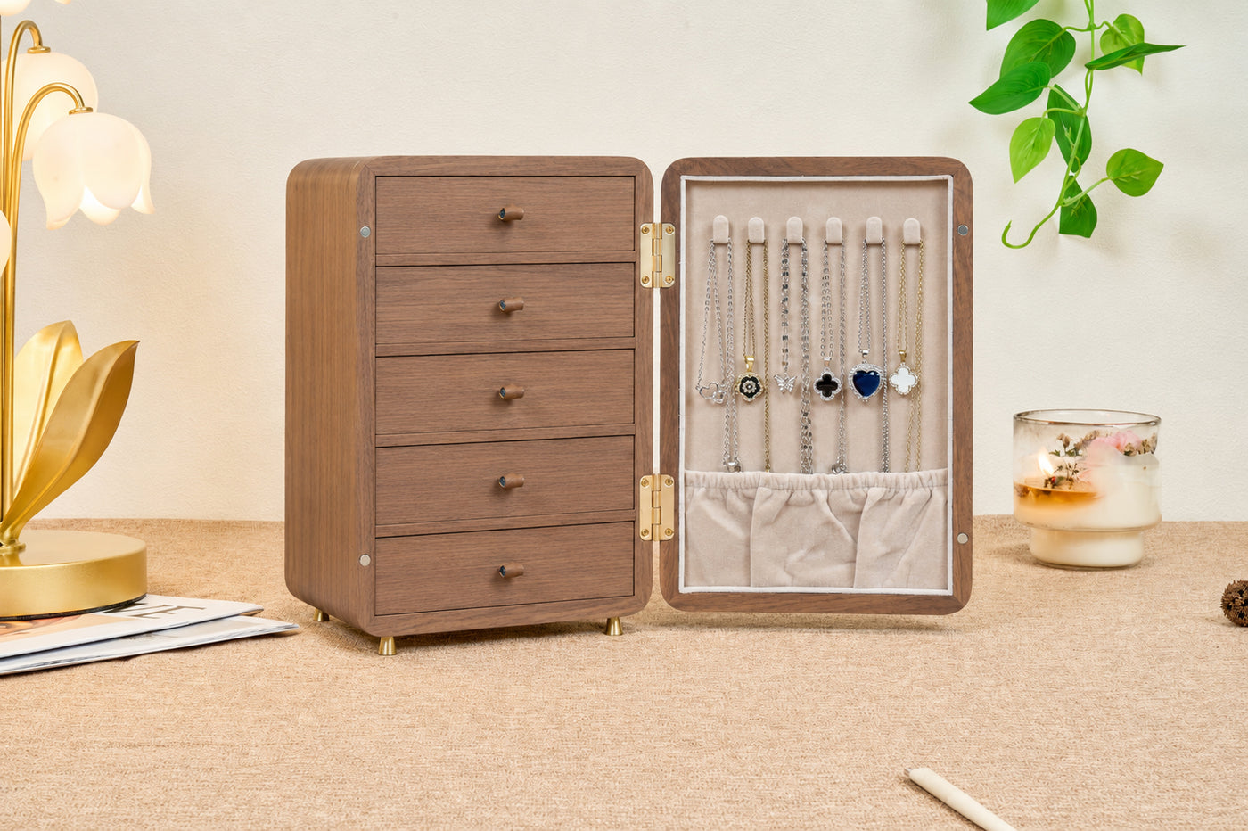 Floral Walnut Jewelry Cabinet with 5 Drawers & Necklace Hooks 5