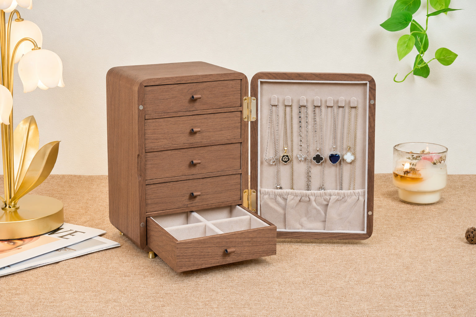 Floral Walnut Jewelry Cabinet with 5 Drawers & Necklace Hooks 6