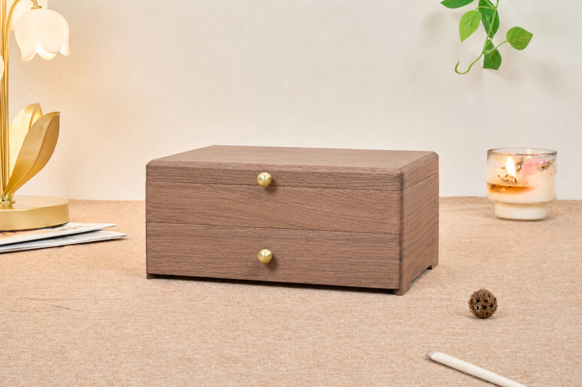 Two-Tier Walnut Jewelry Box with Necklace Hooks & Drawer 1