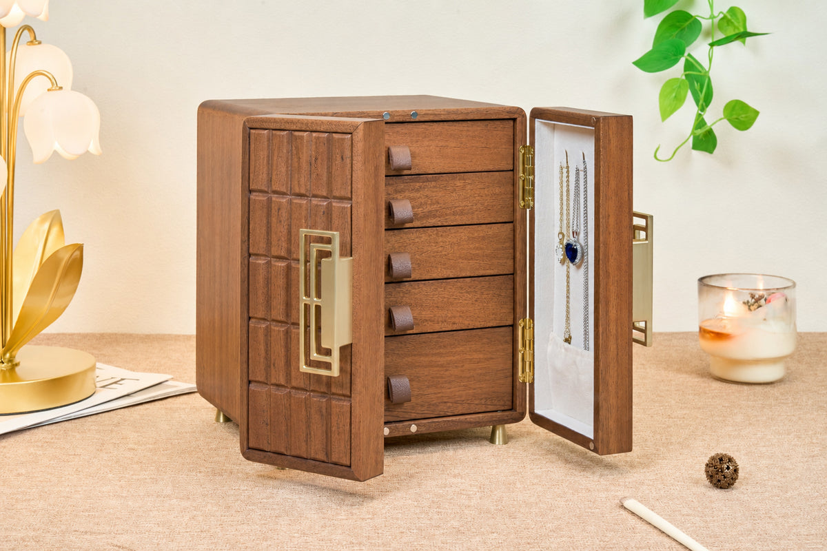 Geometric Walnut Jewelry Cabinet with 5 Drawers & Double Doors 5