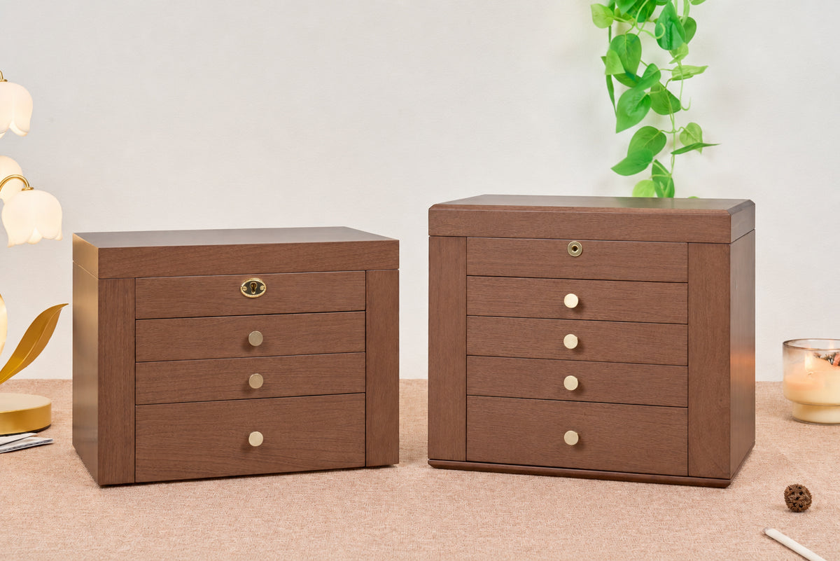 Lockable Walnut Jewelry Box with Mirror, Side Doors & 4 Drawers 4