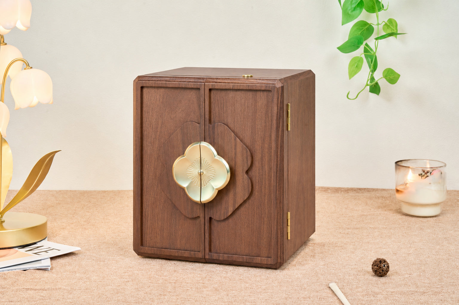 Lockable Walnut Jewelry Cabinet with Flower Hardware & 5 Drawers 2