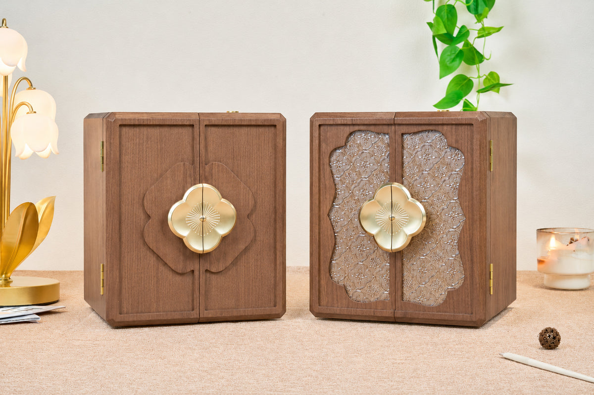 Lockable Walnut Jewelry Cabinet with Flower Hardware & 5 Drawers 5