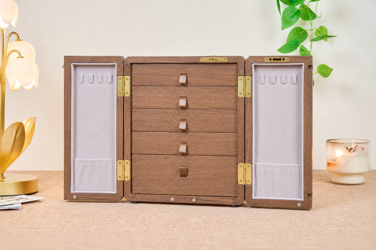 Lockable Walnut Jewelry Cabinet with Flower Hardware & 5 Drawers 7