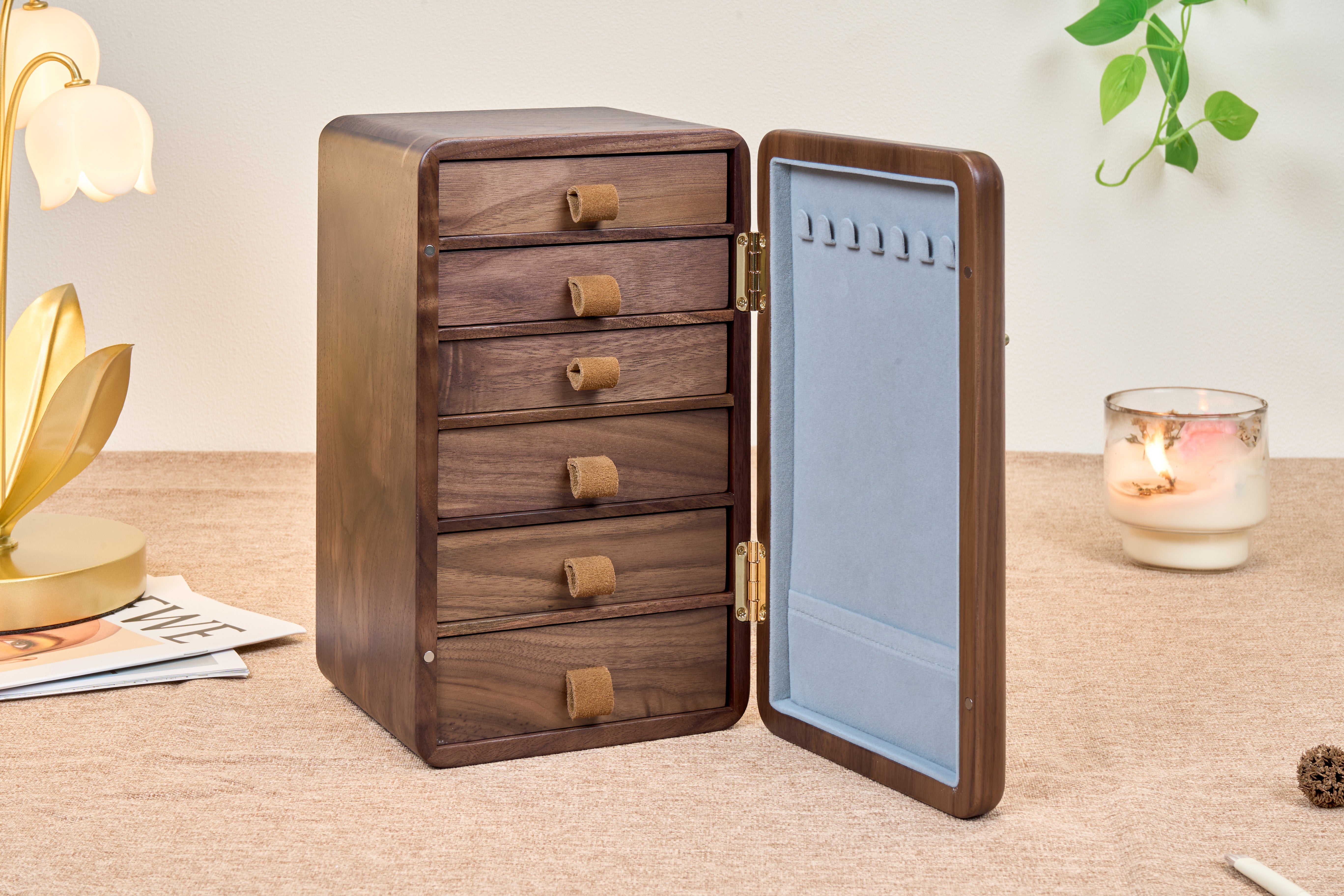 6-Drawer Vertical Walnut Jewelry Cabinet with Brass Handle 4