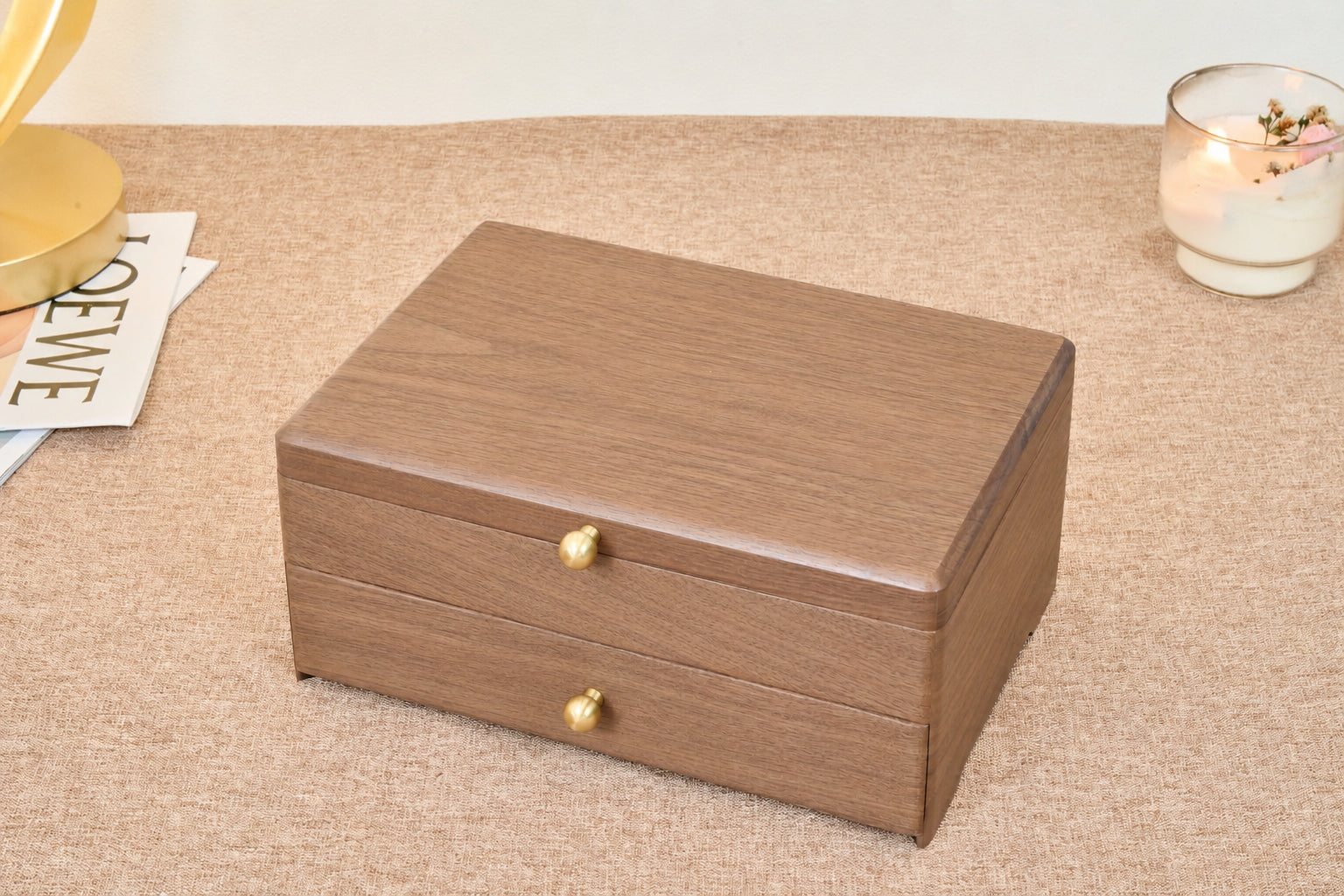 Two-Tier Walnut Jewelry Box with Necklace Hooks & Drawer 7