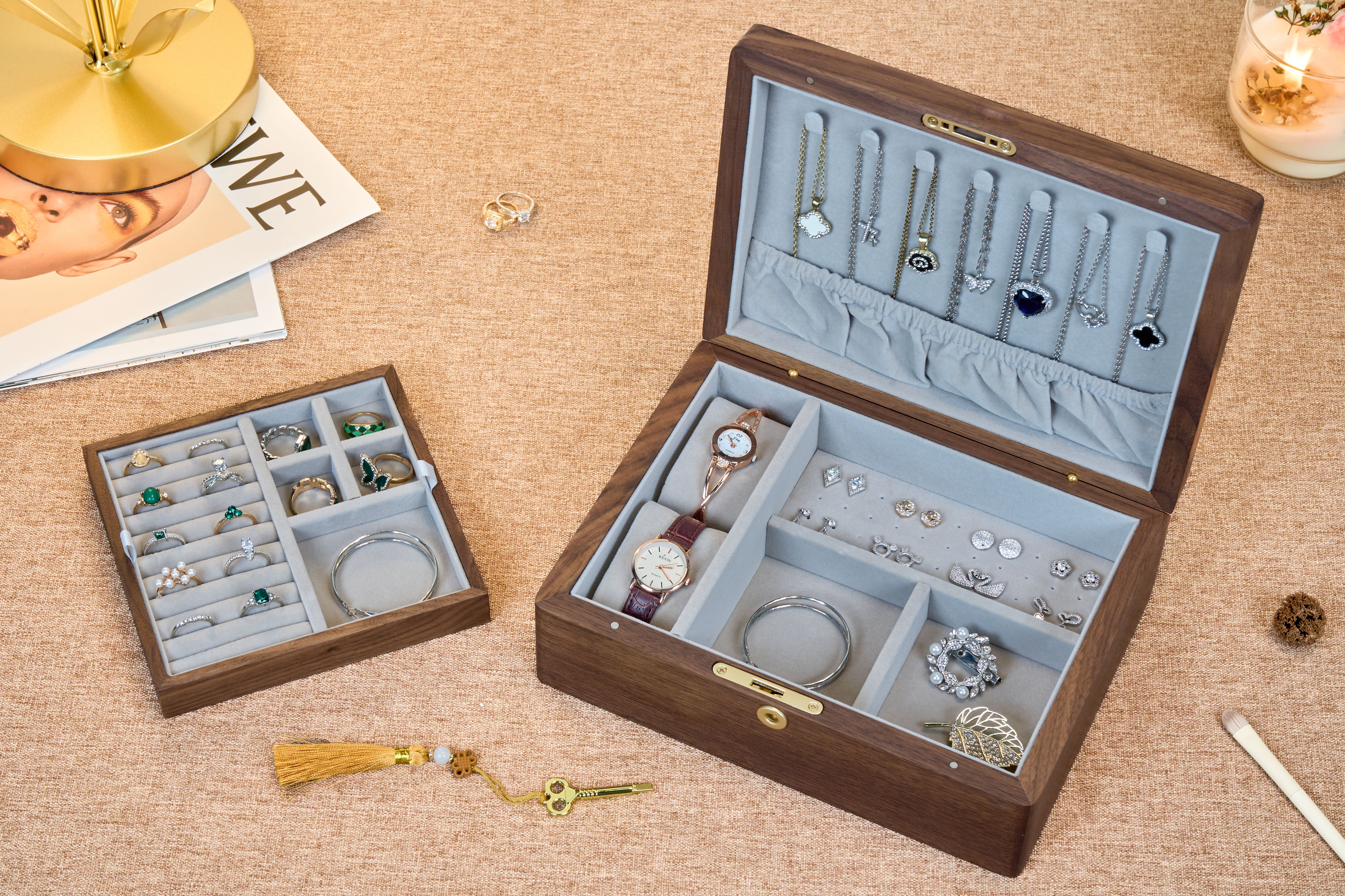 Locking Walnut Jewelry Box with Floral Inlay & Removable Tray 4
