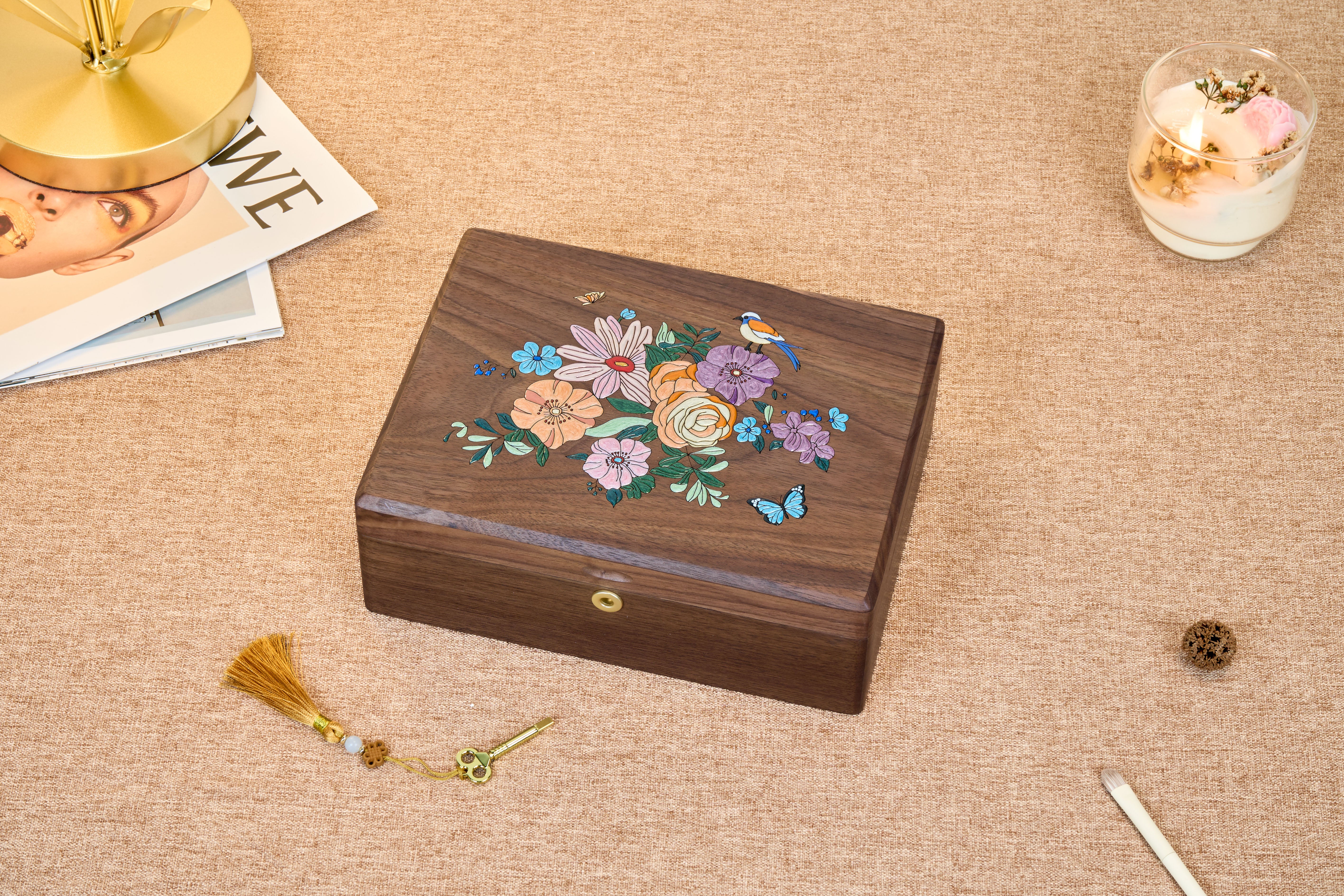 Locking Walnut Jewelry Box with Floral Inlay & Removable Tray 7
