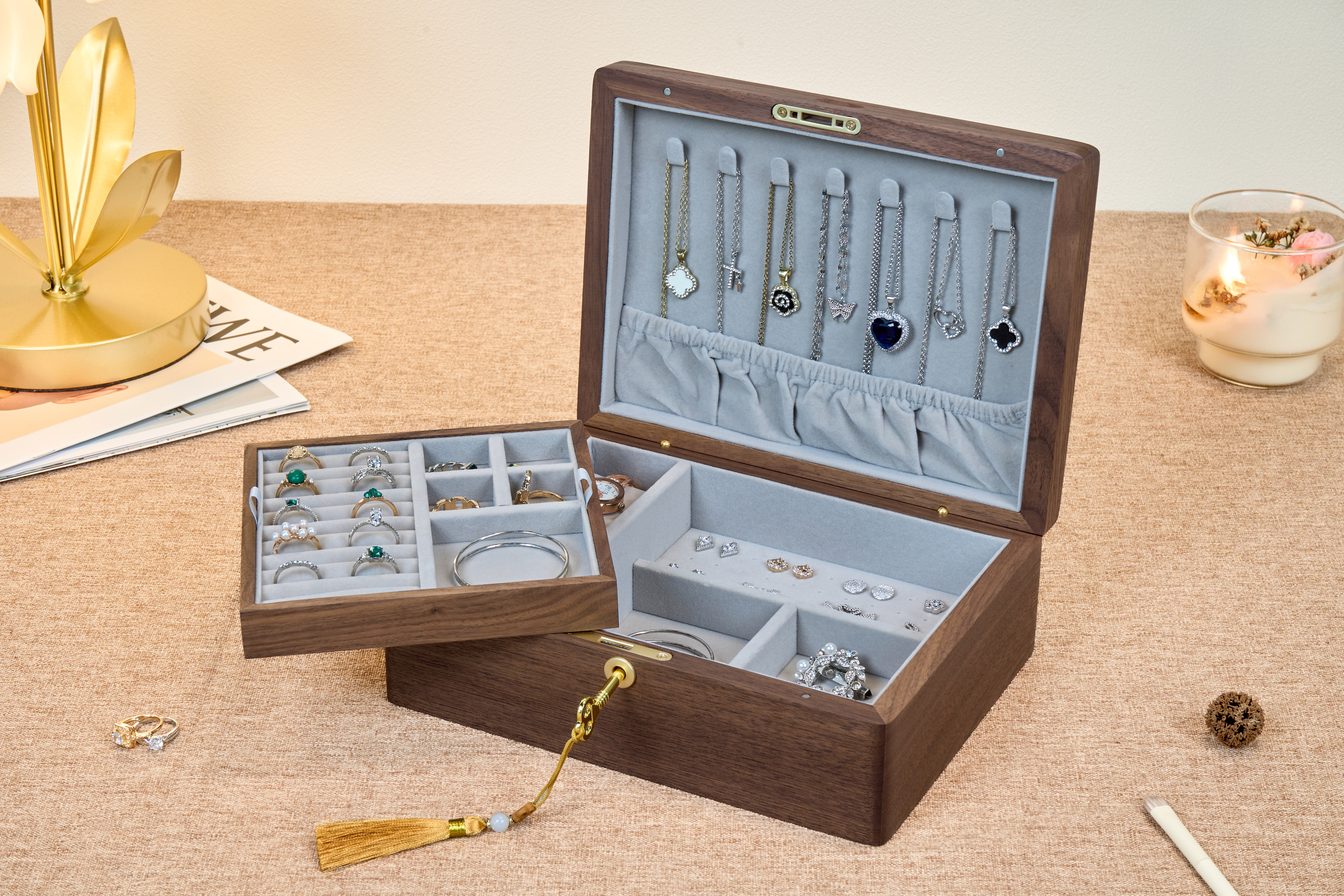 Locking Walnut Jewelry Box with Floral Inlay & Removable Tray 10