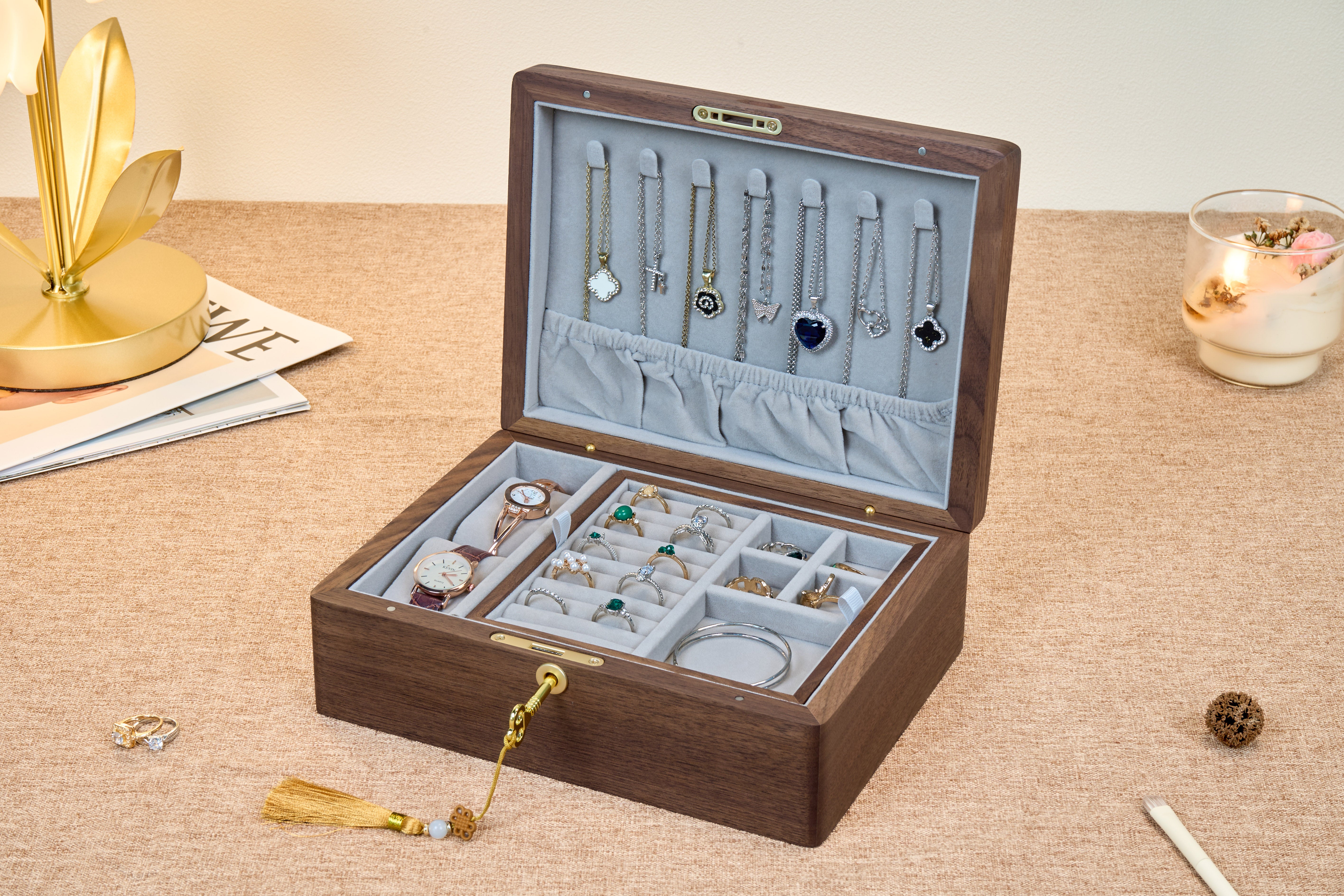 Locking Walnut Jewelry Box with Floral Inlay & Removable Tray 11