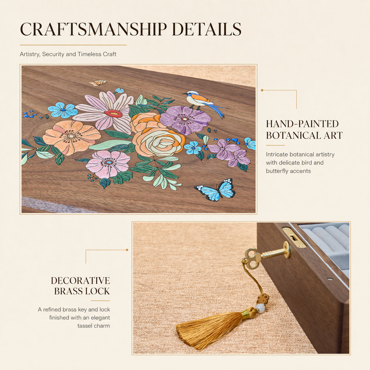 Locking Walnut Jewelry Box with Floral Inlay & Removable Tray 17