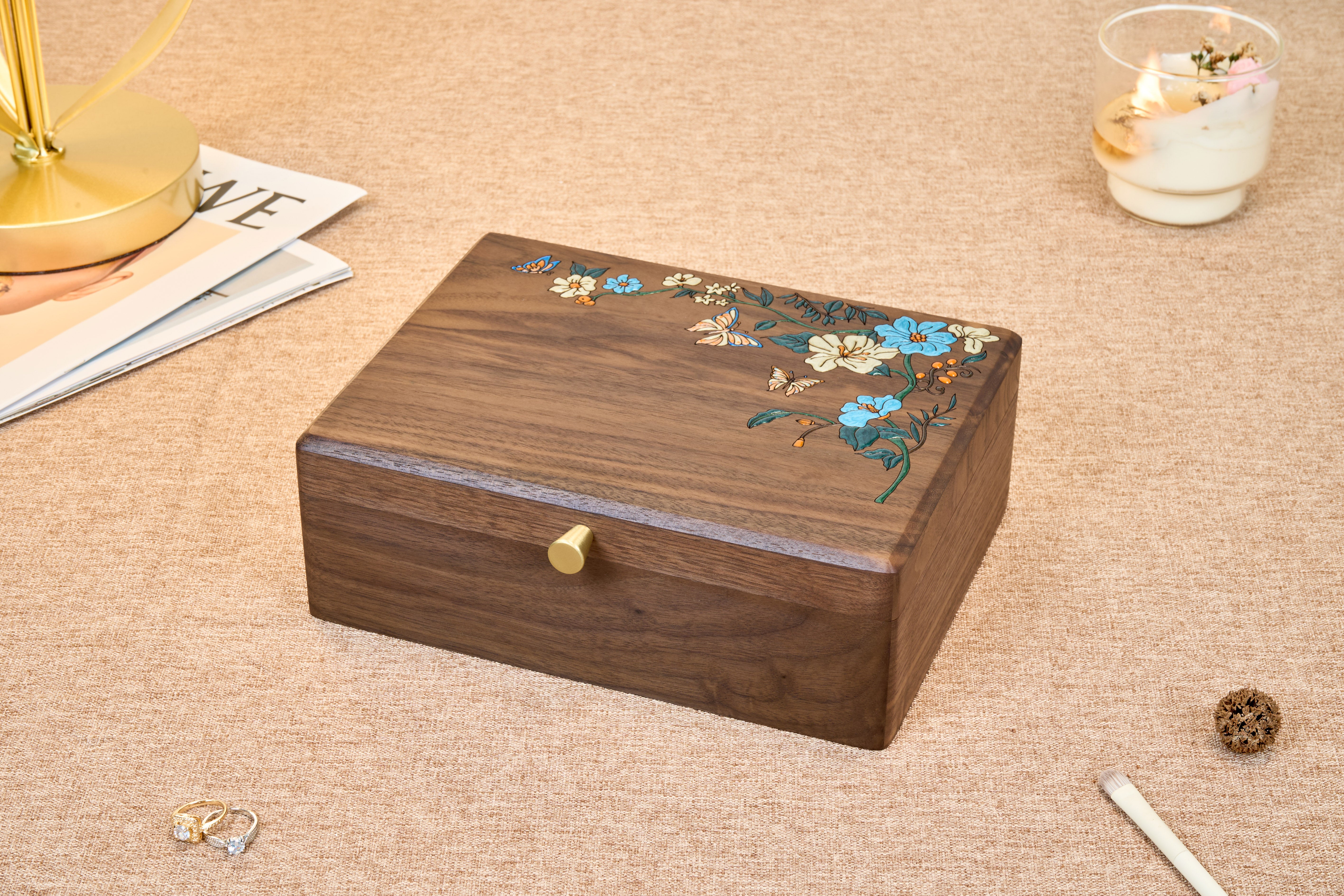 Two-Tier Walnut Jewelry Box with Removable Tray & Hooks 3