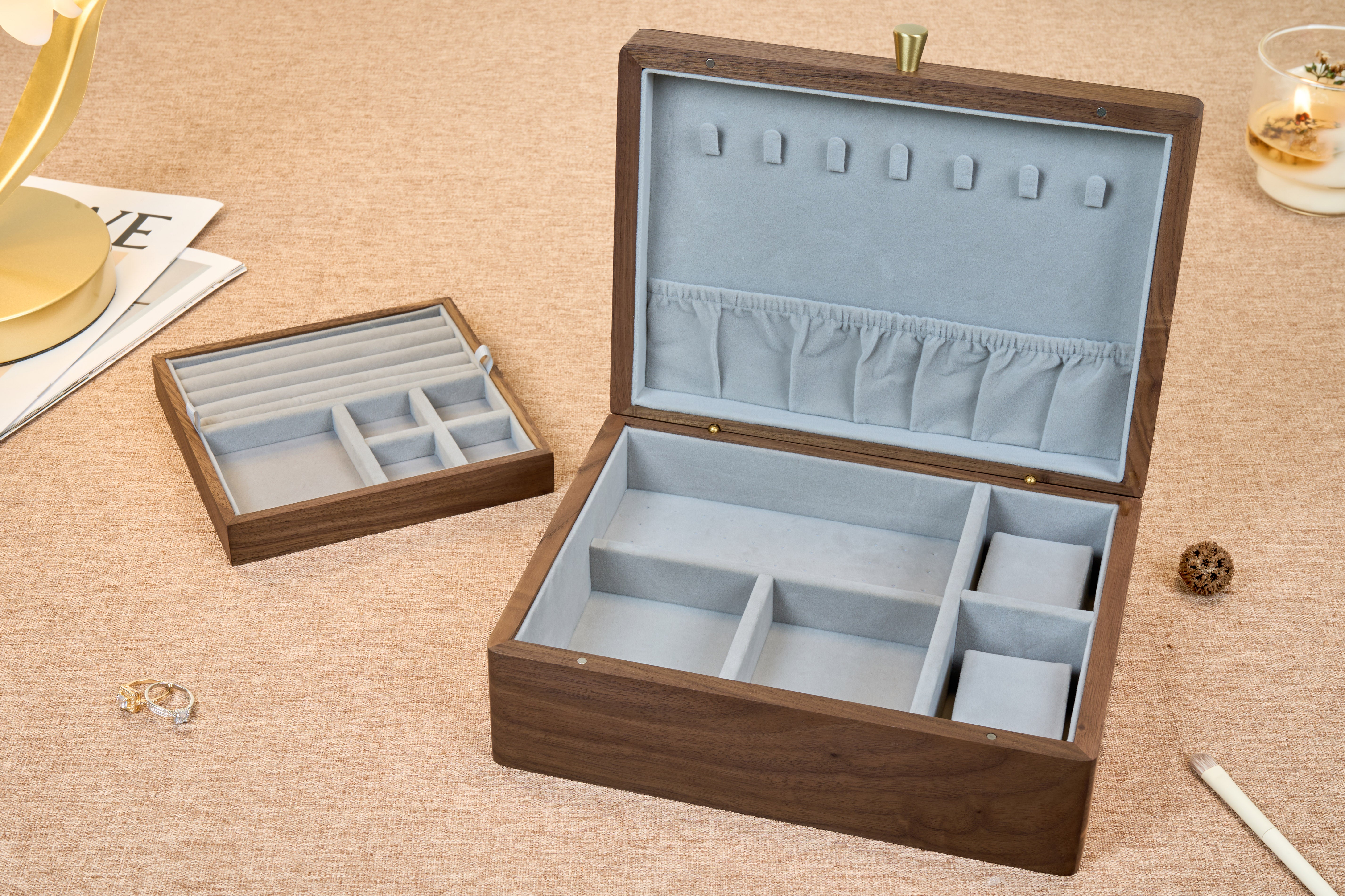 Two-Tier Walnut Jewelry Box with Removable Tray & Hooks 6