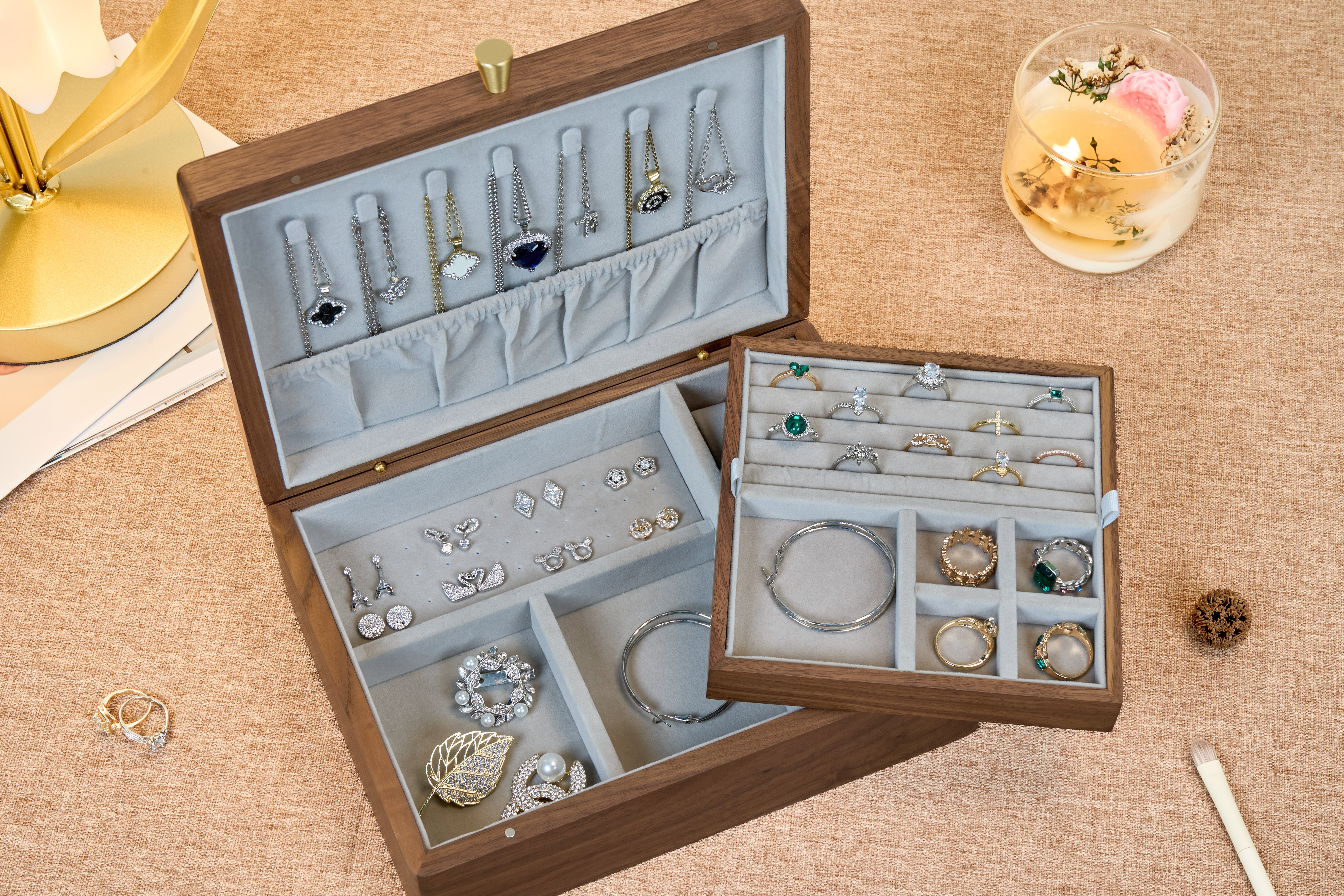Two-Tier Walnut Jewelry Box with Removable Tray & Hooks 8
