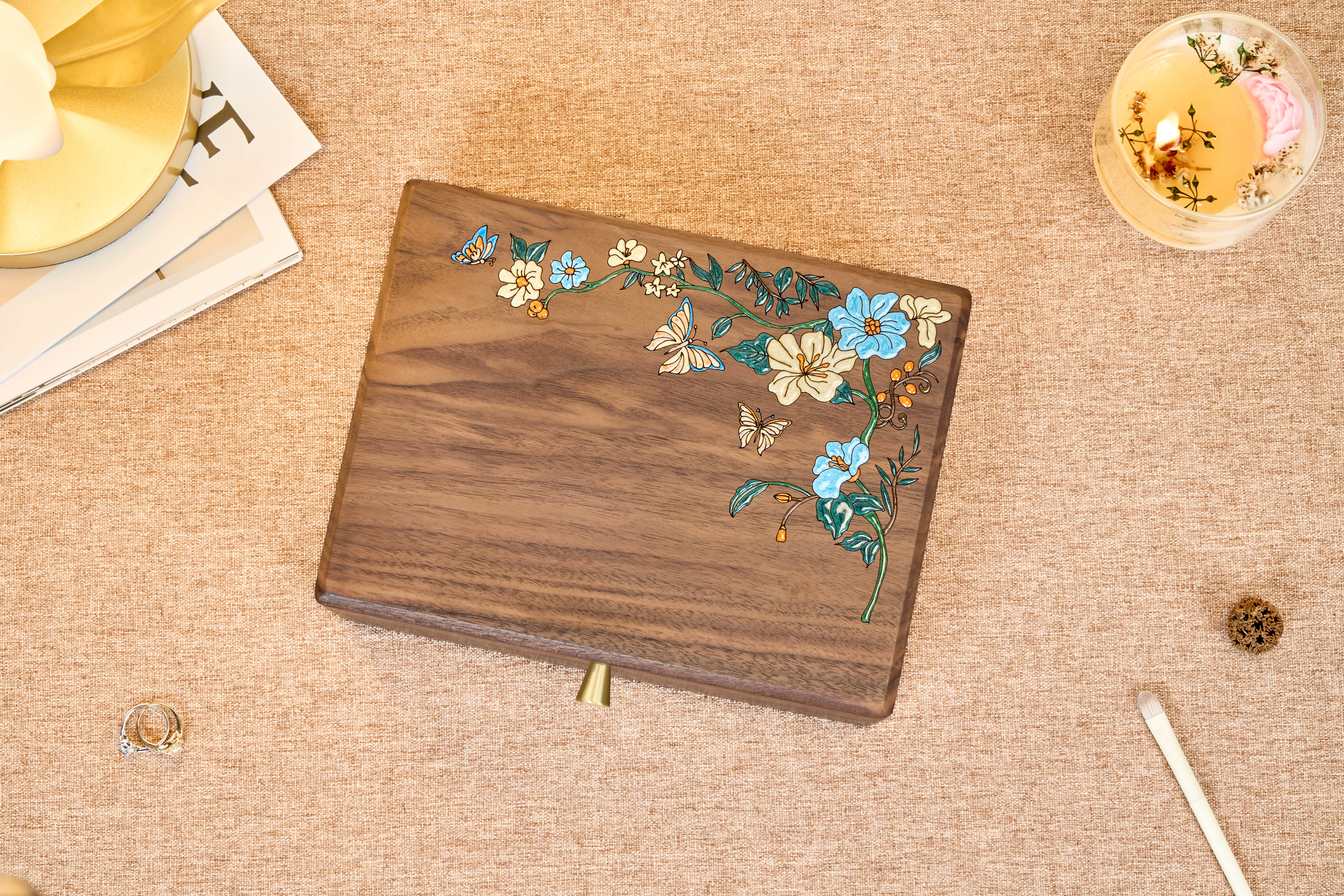 Two-Tier Walnut Jewelry Box with Removable Tray & Hooks 14