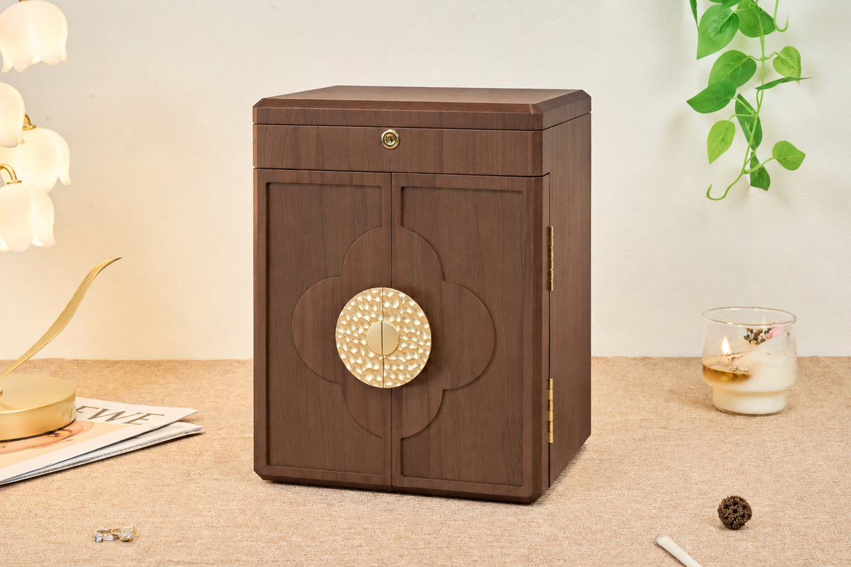 Lockable Walnut Jewelry Cabinet with 5 Drawers & Double Doors 13