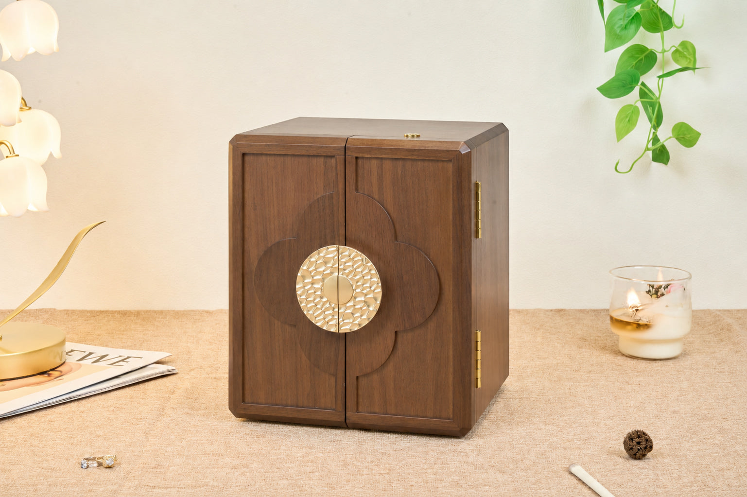 Lockable Walnut Jewelry Cabinet with 5 Drawers & Double Doors 14