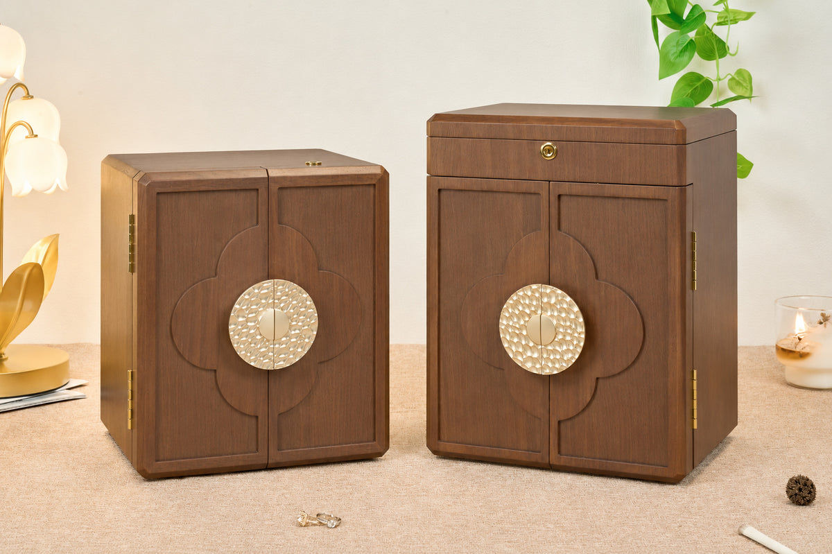 Lockable Walnut Jewelry Cabinet with 5 Drawers & Double Doors 1