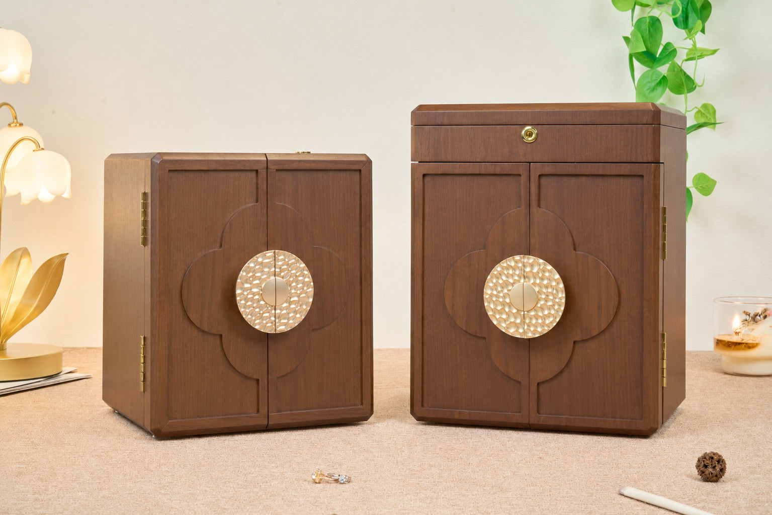 Lockable Walnut Jewelry Cabinet with 5 Drawers & Double Doors 16