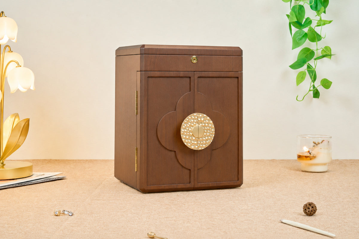Lockable Walnut Jewelry Cabinet with 5 Drawers & Double Doors 17