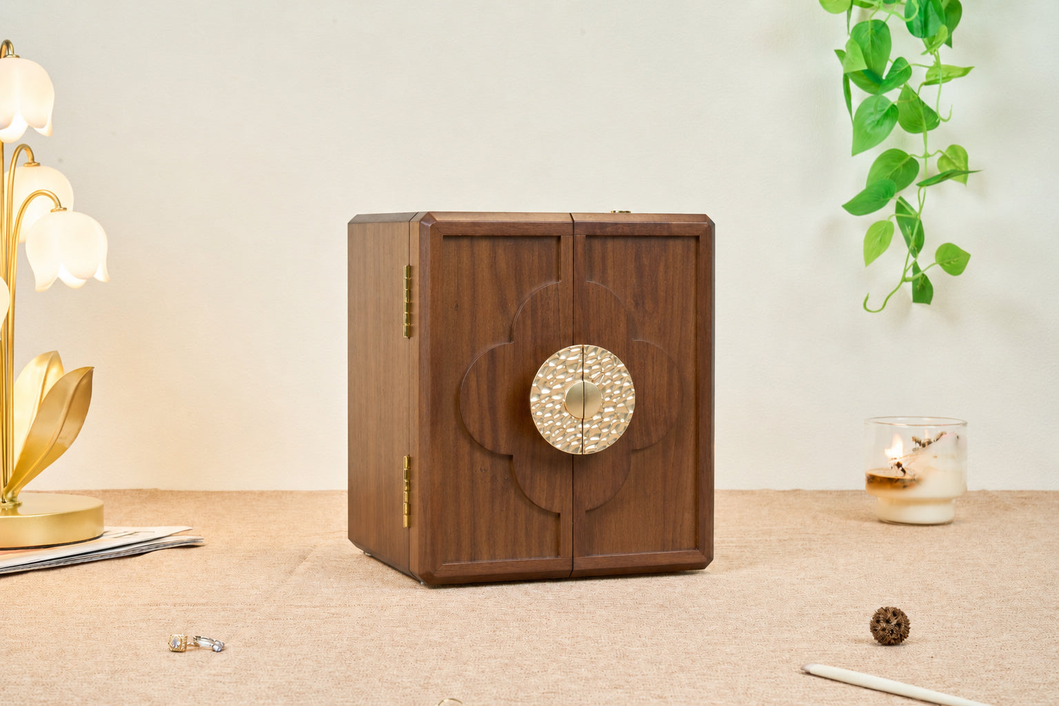 Lockable Walnut Jewelry Cabinet with 5 Drawers & Double Doors 18