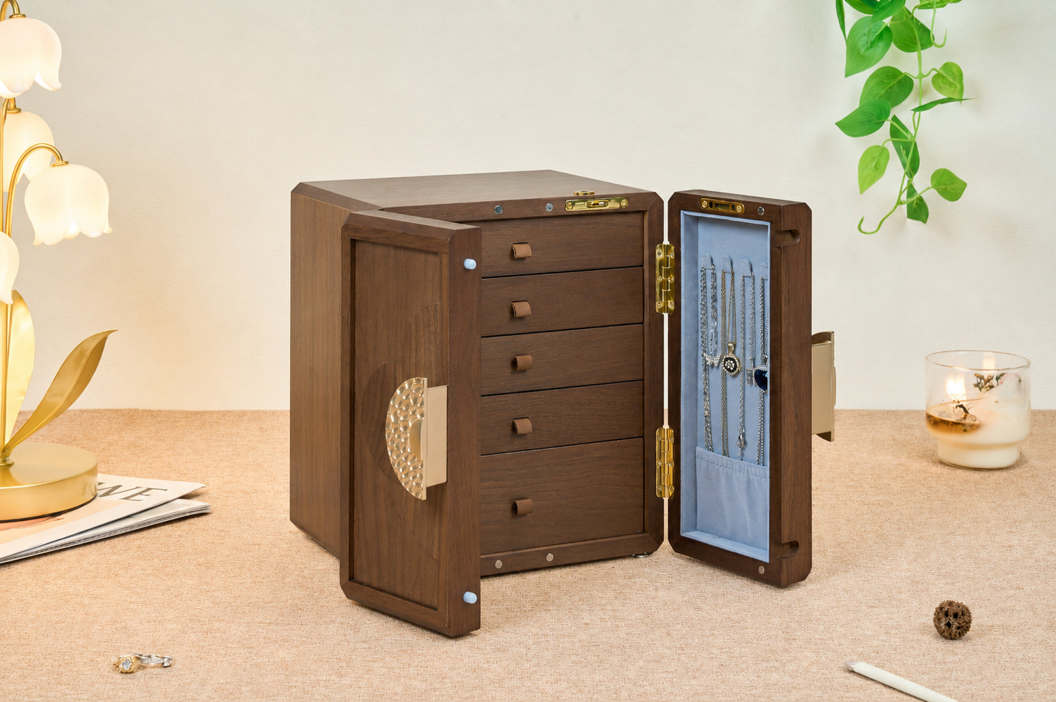 Lockable Walnut Jewelry Cabinet with 5 Drawers & Double Doors 19