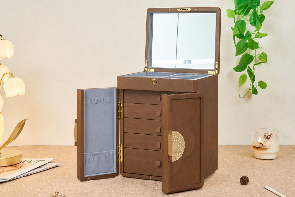 Lockable Walnut Jewelry Cabinet with 5 Drawers & Double Doors 20
