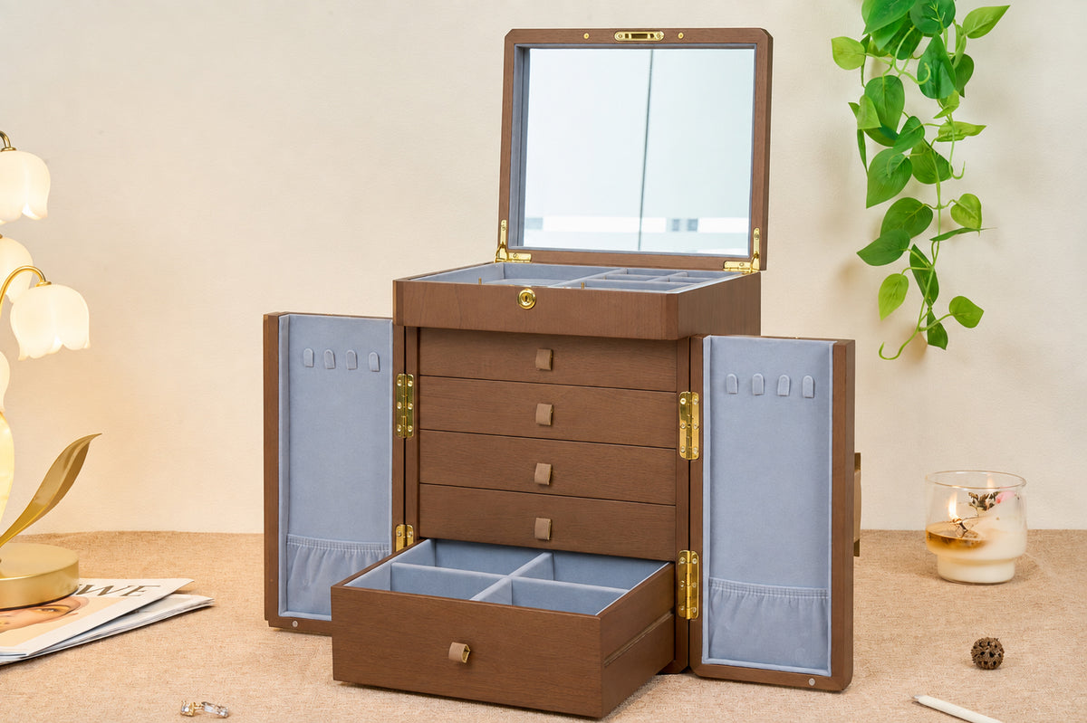 Lockable Walnut Jewelry Cabinet with 5 Drawers & Double Doors 21