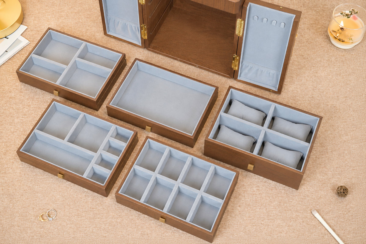 Lockable Walnut Jewelry Cabinet with 5 Drawers & Double Doors 22