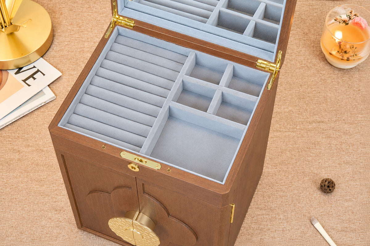 Lockable Walnut Jewelry Cabinet with 5 Drawers & Double Doors 23