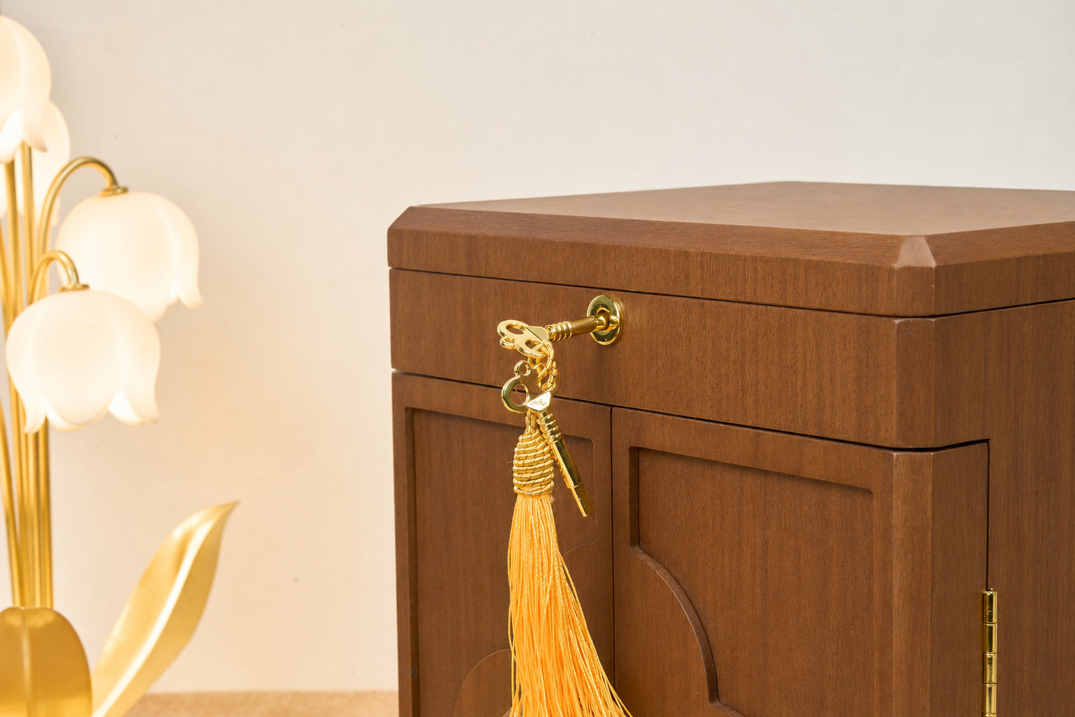 Lockable Walnut Jewelry Cabinet with 5 Drawers & Double Doors 28