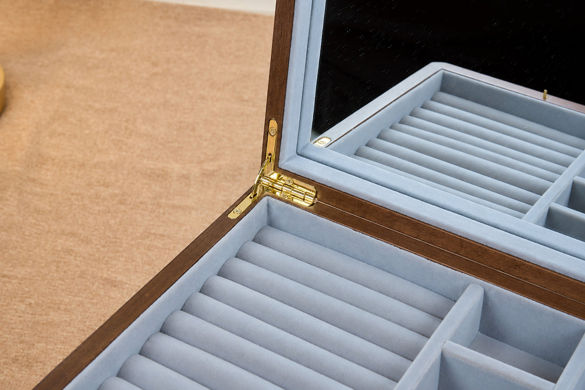 Lockable Walnut Jewelry Cabinet with 5 Drawers & Double Doors 30