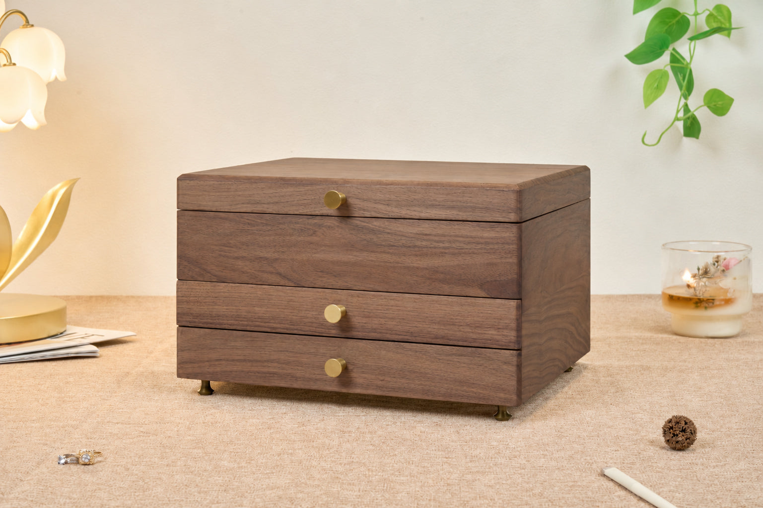 Walnut Jewelry Box with 2 Drawers & Removable Tray 1