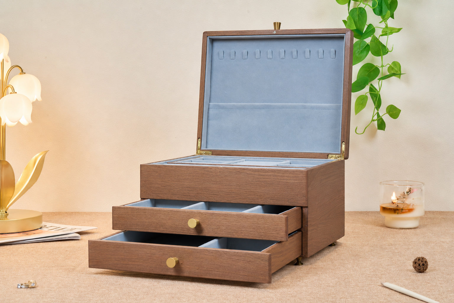Walnut Jewelry Box with 2 Drawers & Removable Tray 3